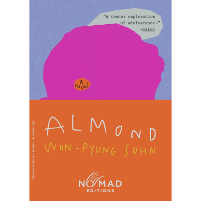 Book cover with a stylized purple head silhouette on an orange background, featuring the title 'Almond' by Won-Pyung Sohn and the publisher 'Nomad Editions'.