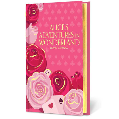Book cover of 'Alice's Adventures in Wonderland' with floral designs on a pink background