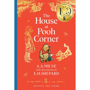 Book cover of 'The House at Pooh Corner' with illustrations of a child, Pooh bear, and Tiger on a red background.