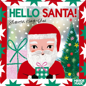 Book cover of 'Hello Santa!' with a cartoon Santa Claus holding a gift, Christmas tree, and presents.