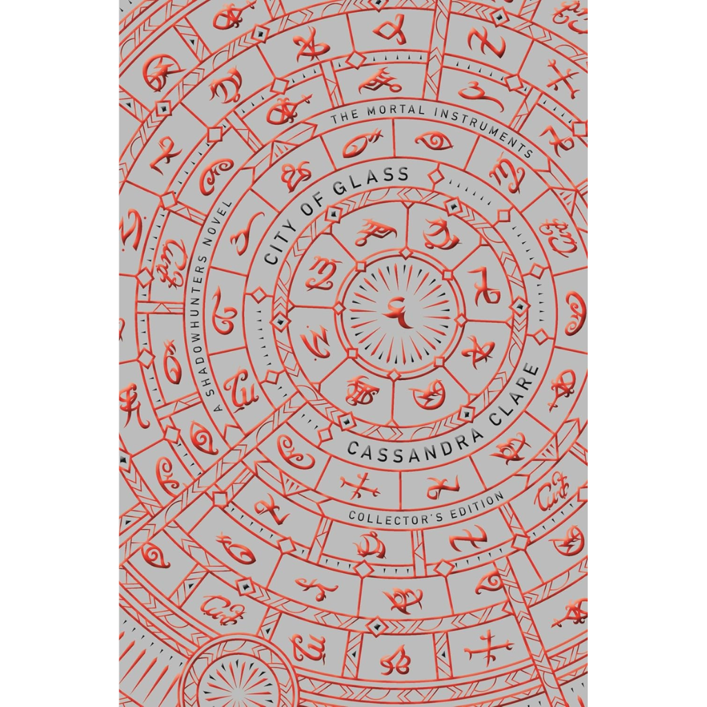 Book cover of 'City of Glass' from 'The Mortal Instruments' series with red symbols on a gray background.