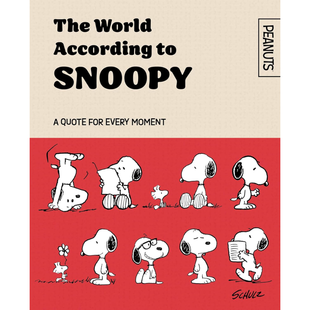 Book cover of 'The World According to Snoopy' with cartoon characters and text.
