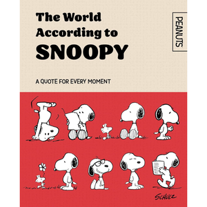 Book cover of 'The World According to Snoopy' with cartoon characters and text.