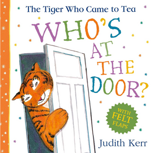 Book cover of 'The Tiger Who Came to Tea: Who's at the Door?' with a tiger peeking through a door.