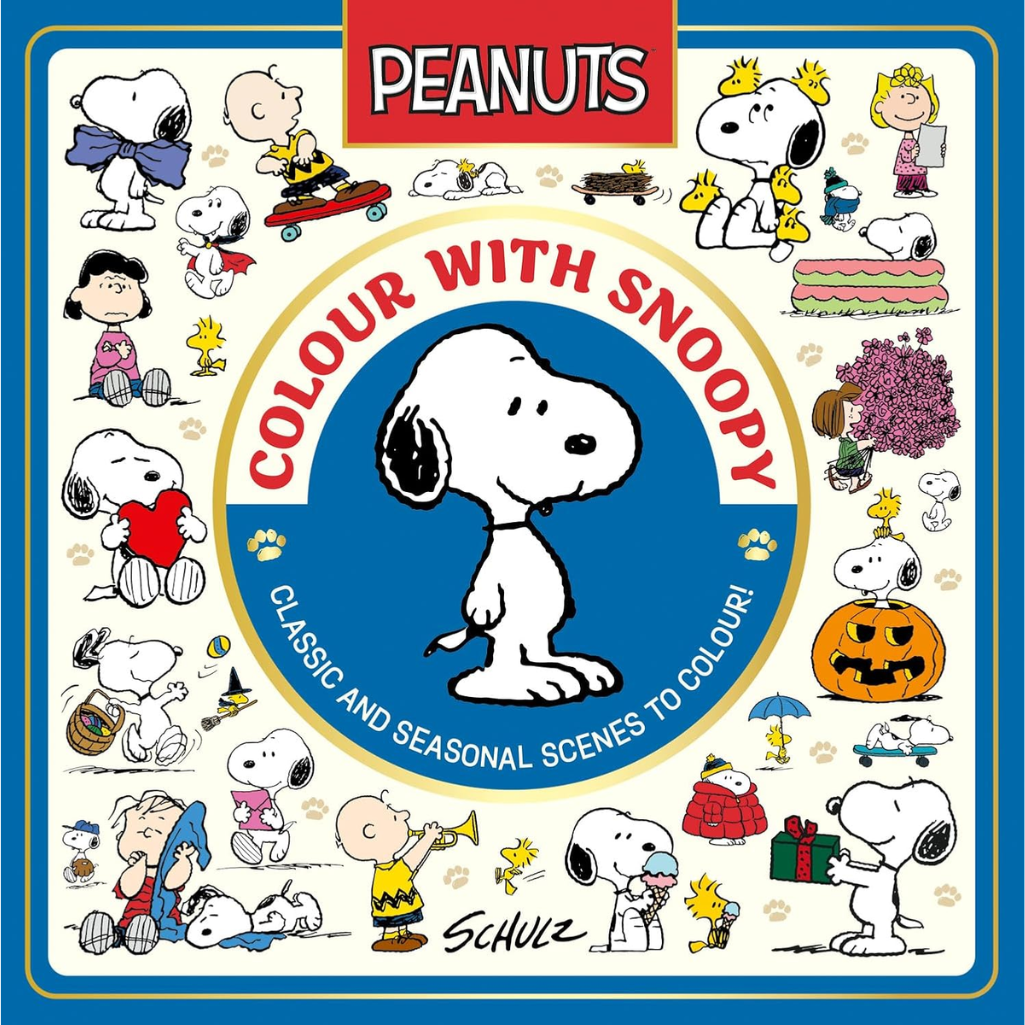 Cover of 'Colour with Snoopy' featuring various Peanuts characters and Snoopy.