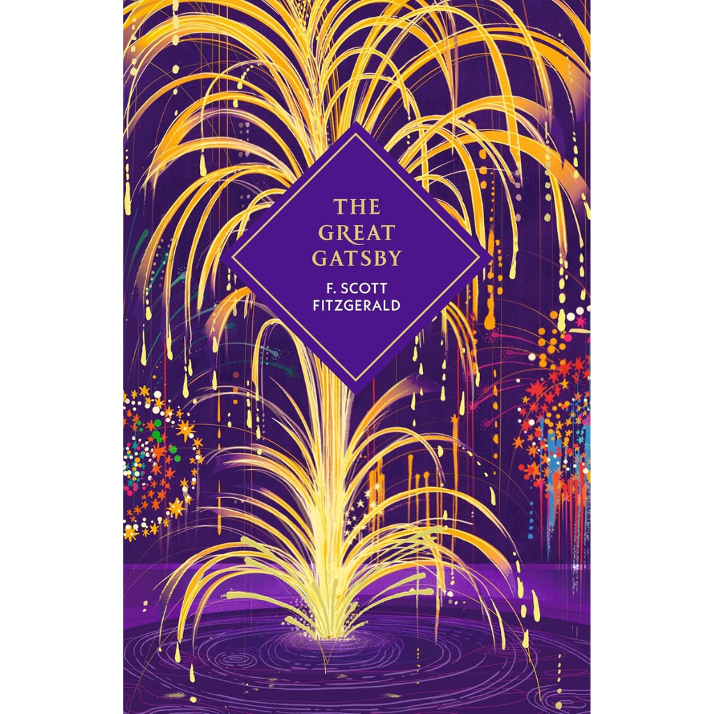 Book cover of 'The Great Gatsby' with gold fireworks on a purple background