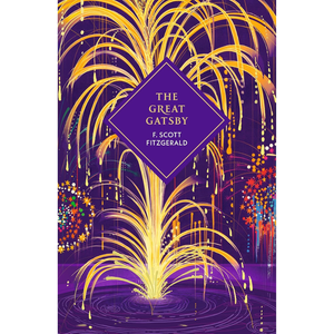 Book cover of 'The Great Gatsby' with gold fireworks on a purple background