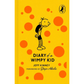 Book cover of 'Diary of a Wimpy Kid' with a yellow background and orange circles.
