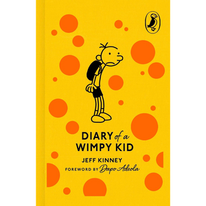 Book cover of 'Diary of a Wimpy Kid' with a yellow background and orange circles.