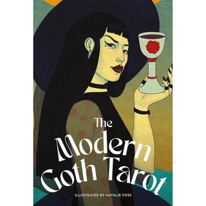 Book cover of 'The Modern Goth Tarot' with an illustration of a woman holding a cup.