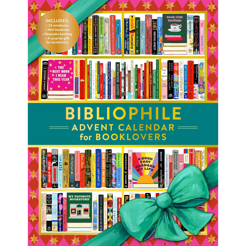 Bibliophile Advent Calendar for Booklovers with colorful bookshelf design and green bow.