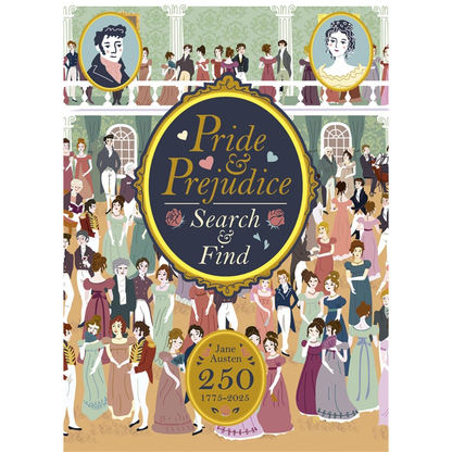 Book cover of 'Pride & Prejudice Search & Find' with illustrations of characters and Jane Austen's name.