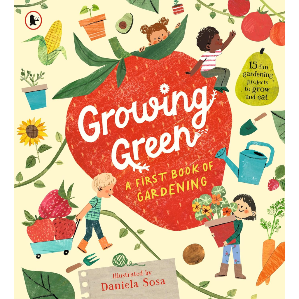 Book cover of 'Growing Green' with illustrations of children gardening and vegetables.