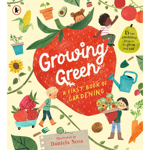 Book cover of 'Growing Green' with illustrations of children gardening and vegetables.