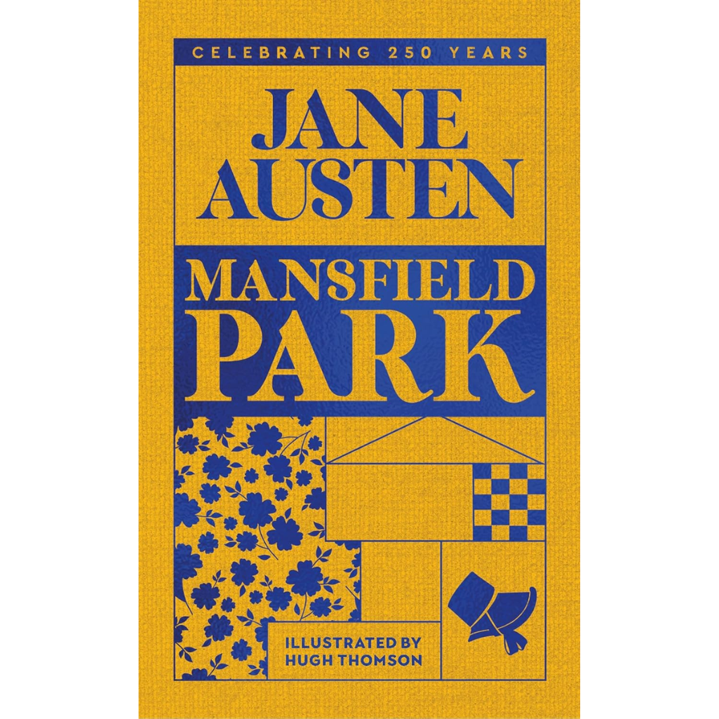 Book cover of 'Mansfield Park' by Jane Austen with yellow and blue design.