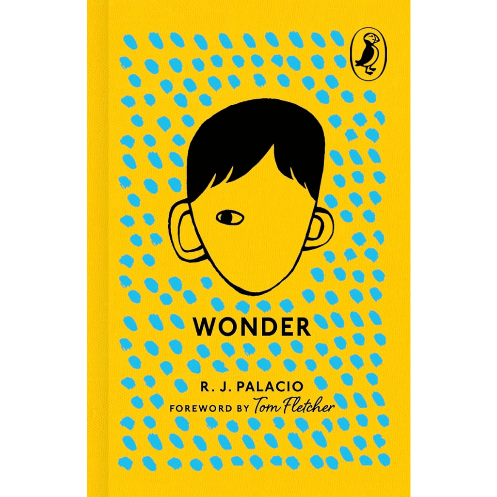 Book cover of 'Wonder' by R.J. Palacio with a yellow background and blue dots.