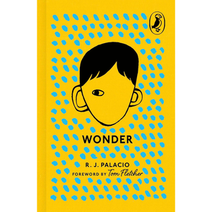 Book cover of 'Wonder' by R.J. Palacio with a yellow background and blue dots.