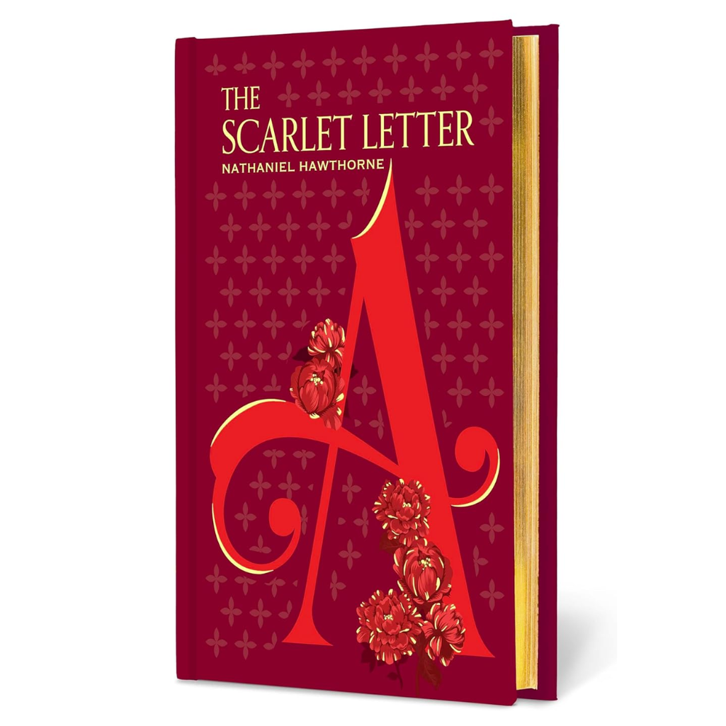 Book cover of 'The Scarlet Letter' with a large red 'A' on a patterned background