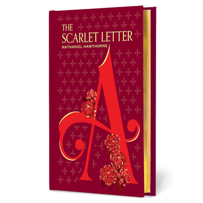 Book cover of 'The Scarlet Letter' with a large red 'A' on a patterned background