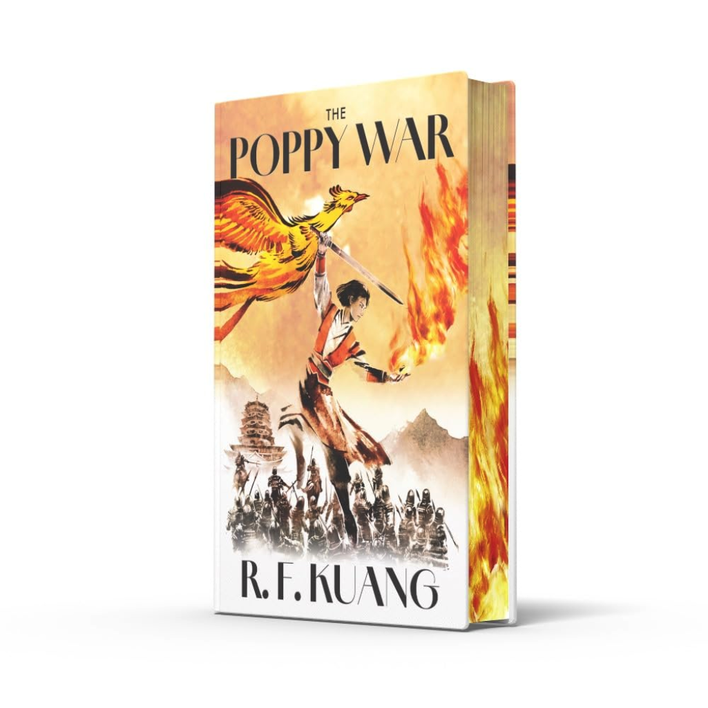 Book cover of 'The Poppy War' by R.F. Kuang with a fiery design and warrior illustration.