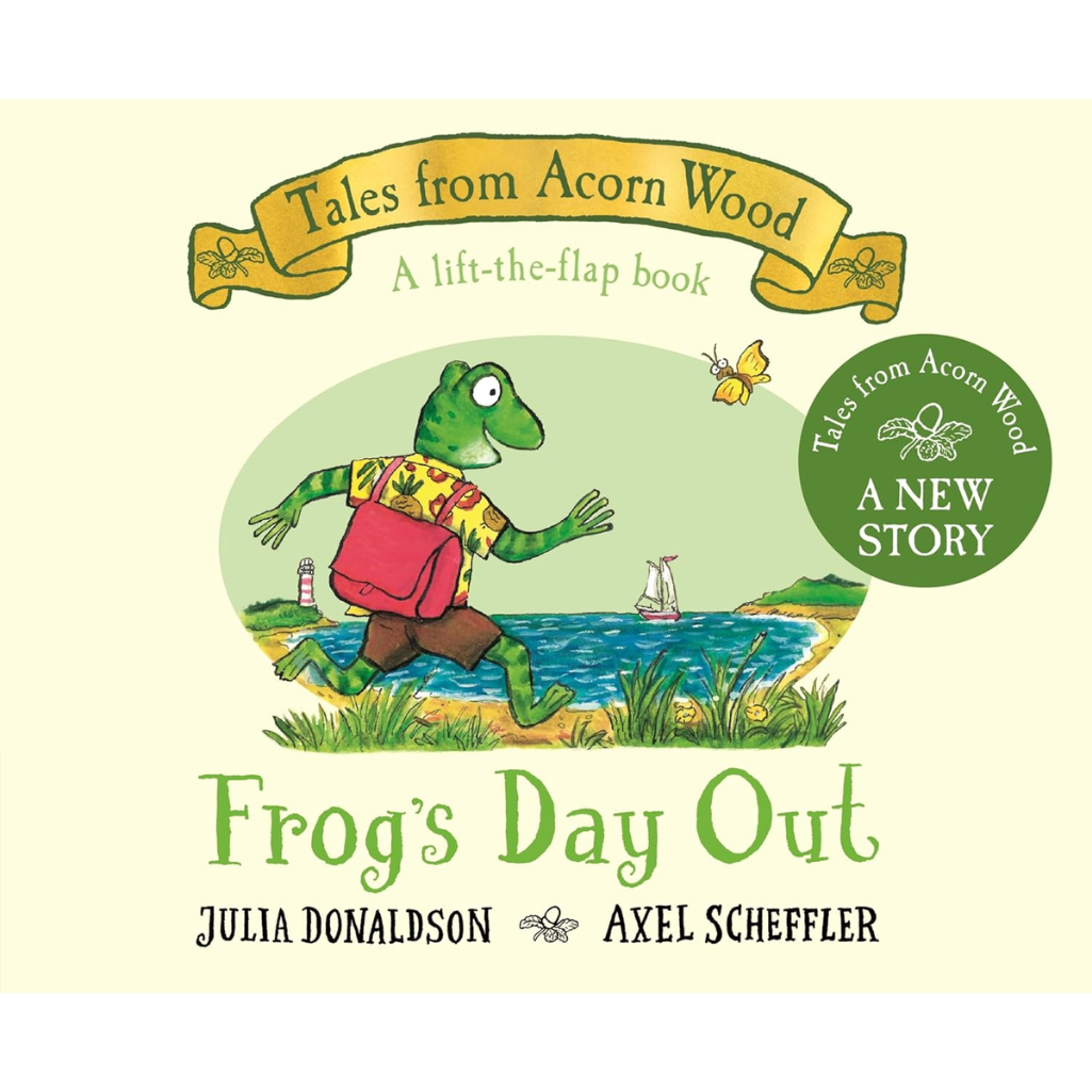Book cover of 'Frog's Day Out' with a frog character and scenic background.