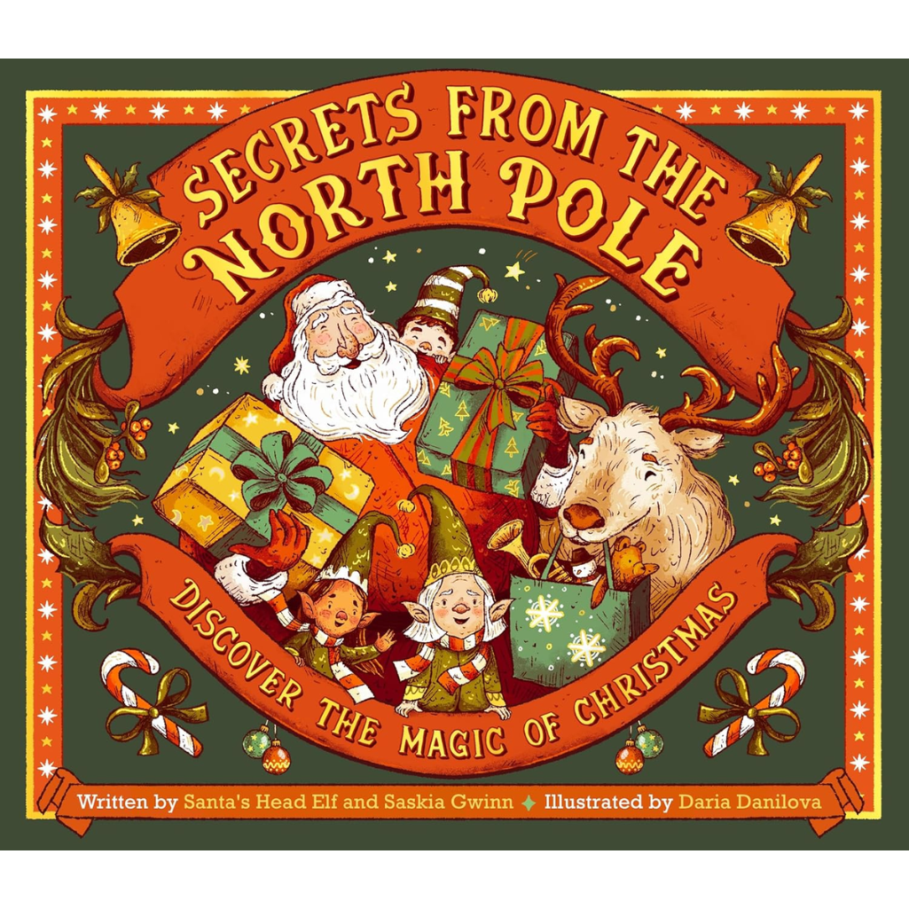 Book cover of 'Secrets from the North Pole' with Santa Claus, reindeer, and elves.