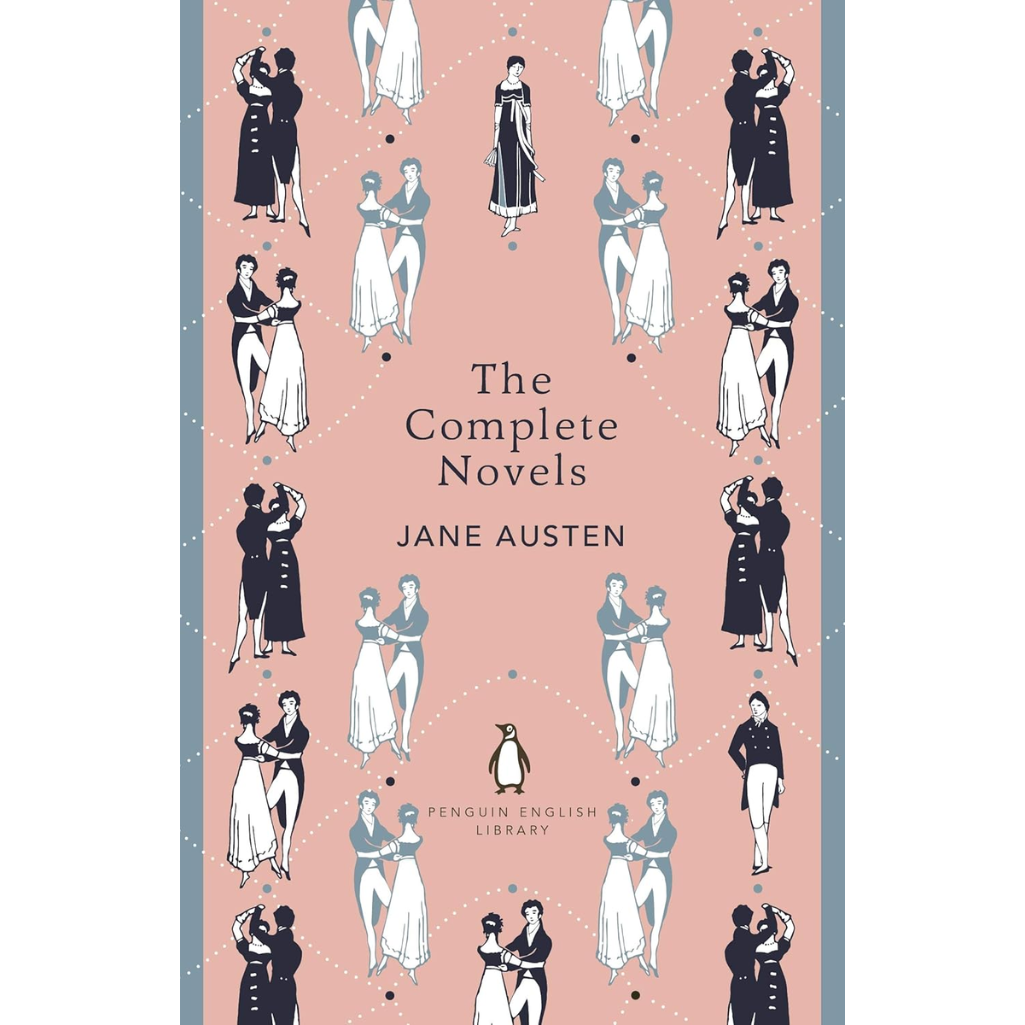 Book cover of 'The Complete Novels Jane Austen' with illustrations of couples on a pink background.