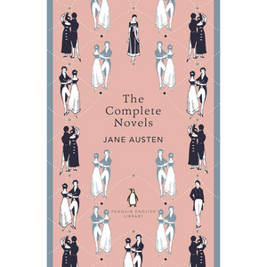 Book cover of 'The Complete Novels Jane Austen' with illustrations of couples on a pink background.