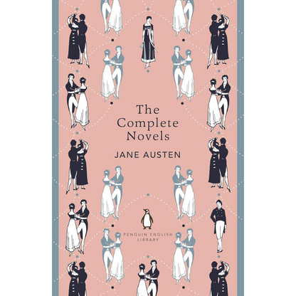 Book cover of 'The Complete Novels Jane Austen' with illustrations of couples on a pink background.
