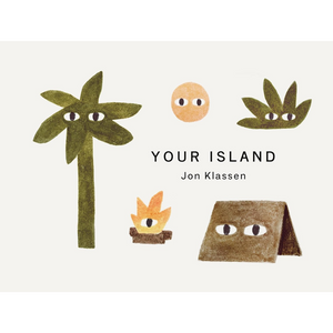Book cover of 'Your Island' by Jon Klassen with illustrations of a palm tree, moon, and hut.