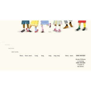 Illustration of people wearing colorful socks with text on a white background