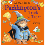 Book cover of 'Paddington's Trick or Treat' with Paddington Bear dressed as a witch on an orange background.