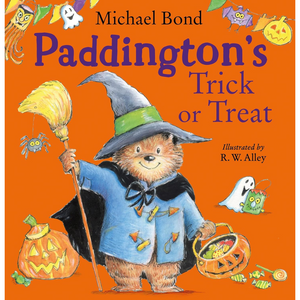 Book cover of 'Paddington's Trick or Treat' with Paddington Bear dressed as a witch on an orange background.
