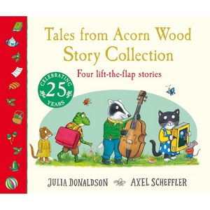 Book cover of 'Tales from Acorn Wood Story Collection' with illustrations of animals and a red spine.