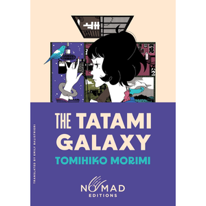 Book cover of 'The Tatami Galaxy' by Tomihiko Morimi with a stylized illustration of a woman and cat.