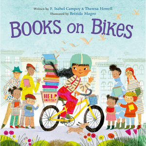 Book cover of 'Books on Bikes' with children and a bicycle