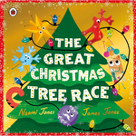 Book cover of 'The Great Christmas Tree Race' with colorful characters around a Christmas tree.