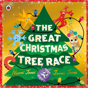 Book cover of 'The Great Christmas Tree Race' with colorful characters around a Christmas tree.