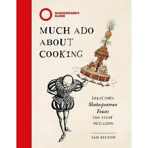 Book cover of 'Much Ado About Cooking' by Sam Bilton with a red border and illustration of a person holding a cake.