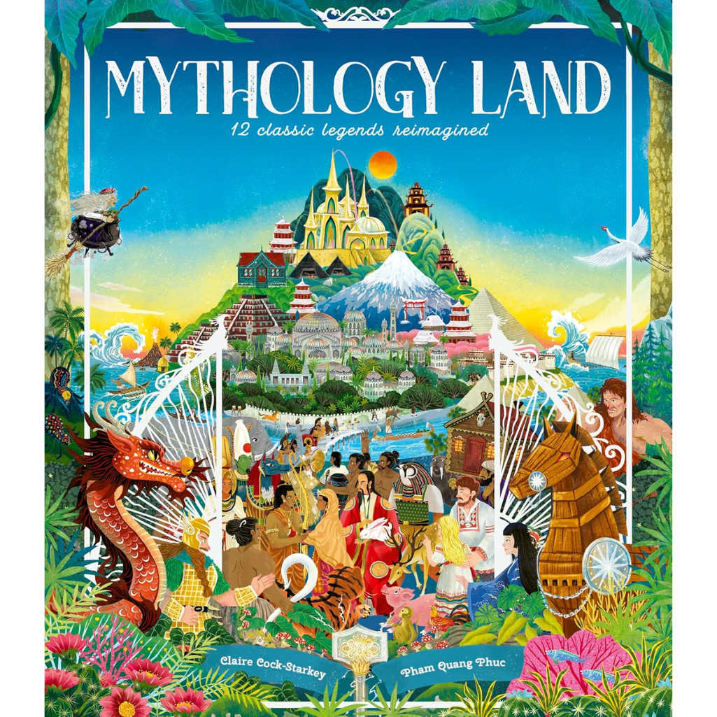 Book cover of 'Mythology Land' with colorful illustrations and text.