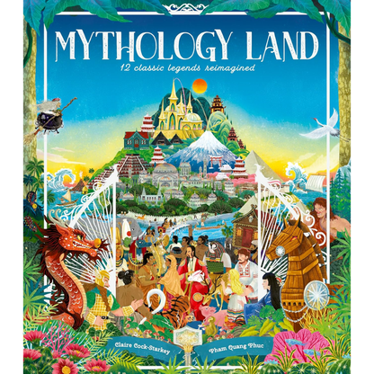 Book cover of 'Mythology Land' with colorful illustrations and text.