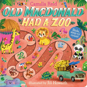 Children's book cover of 'Old MacDonald Had a Zoo' with colorful illustrations of animals and a pink background.