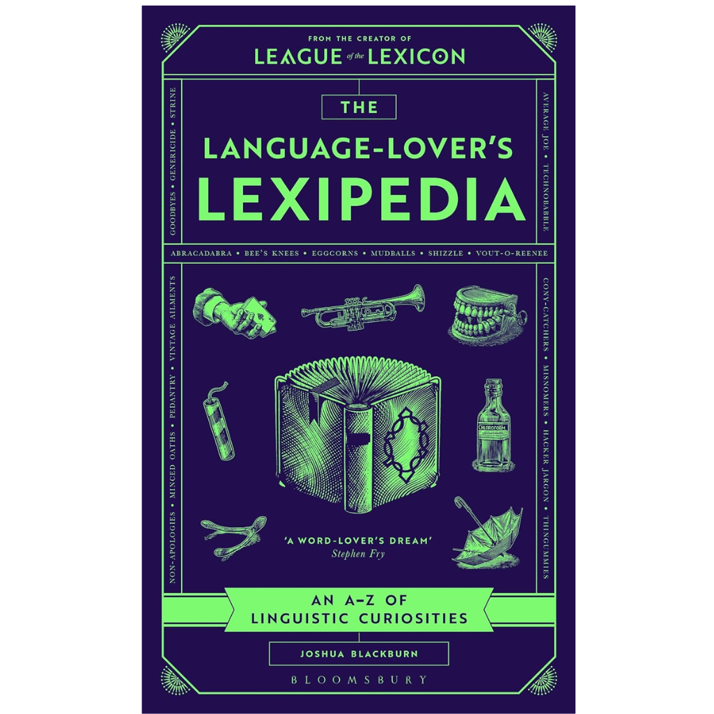 Book cover of 'The Language-Lover's Lexipedia' with illustrations and text on a purple background