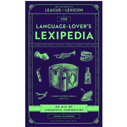 Book cover of 'The Language-Lover's Lexipedia' with illustrations and text on a purple background