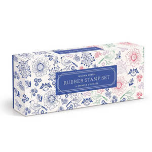 Box of William Morris rubber stamp set with floral and bird designs on a white background