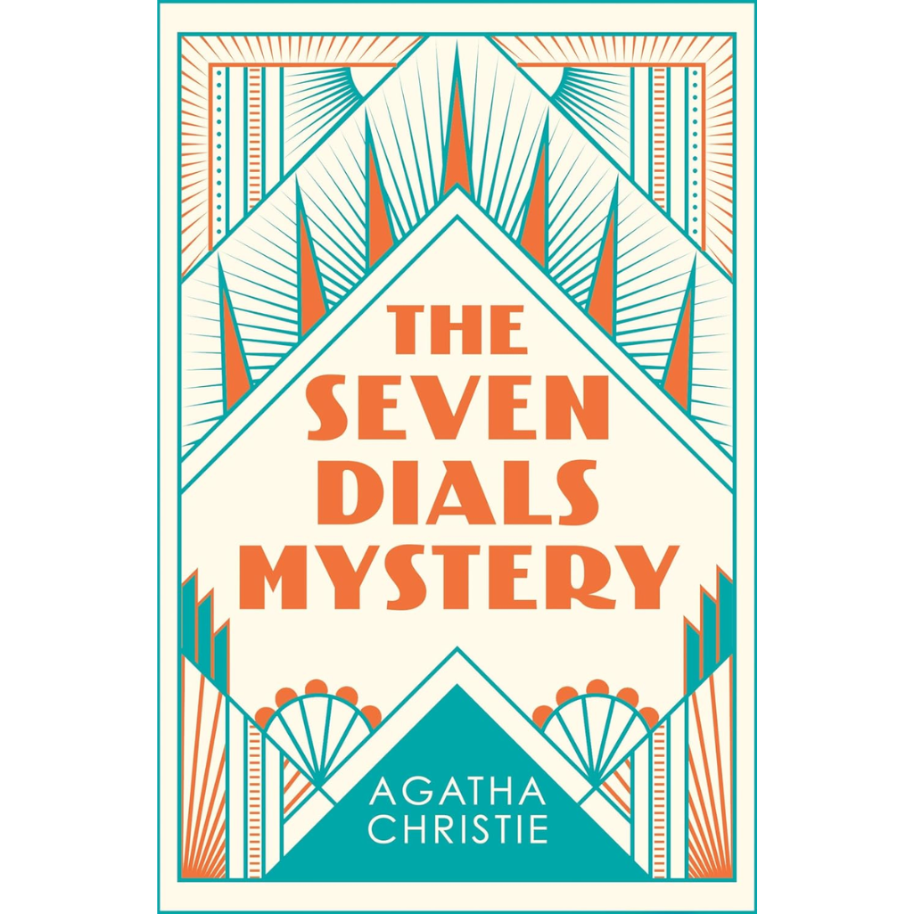 Book cover of 'The Seven Dials Mystery' by Agatha Christie with geometric design elements.
