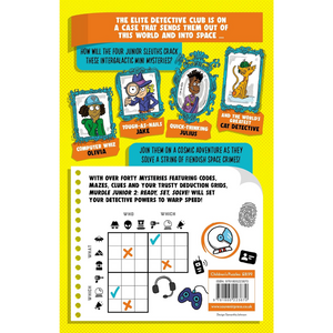 Back cover of a children's book with character illustrations and text on a yellow background