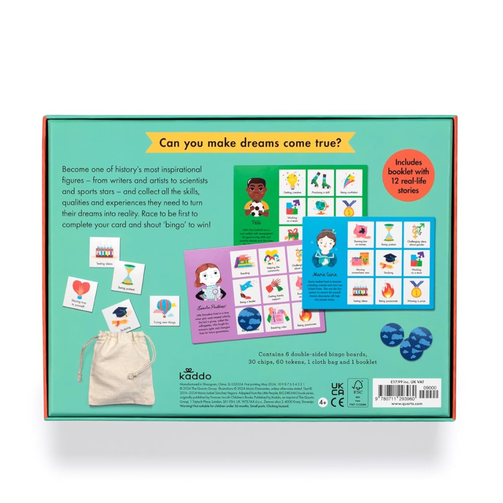 Back of a children's educational game box with colorful illustrations and text.