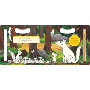 Children's book cover with illustrations of animals in a forest and a pen.