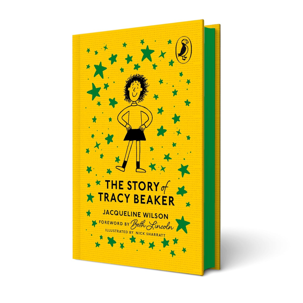 Book cover of 'The Story of Tracy Beaker' with a yellow background and green stars.